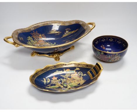 A group of Carltonware Mikado pattern wares to include a scalloped bowl, a twin handled bowl, two vases, small bowl, square d