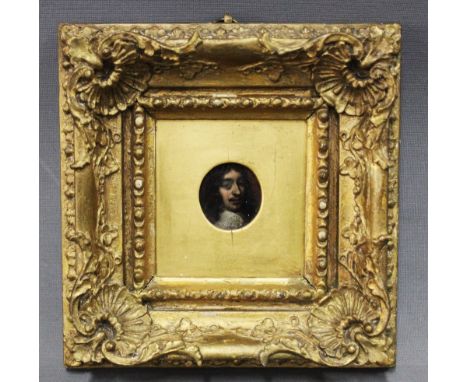 Circle of Cornelis Jonson, miniature oil on panel, in an ornate gilt frame, size of frame overall 16cm 