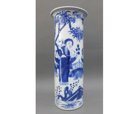 Chinese blue and white sleeve vase, typically painted with figures, with a four character Kangxi mark to the base, but likely
