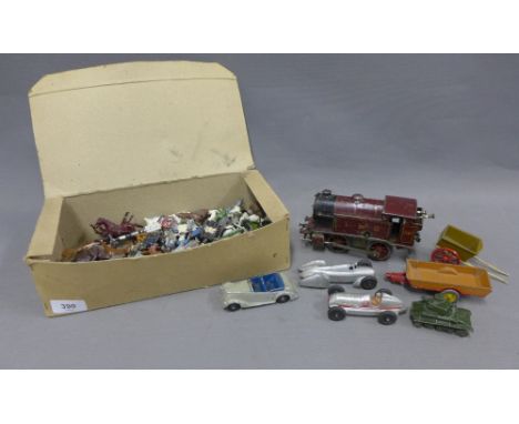 Collection of vintage diecast vehicles, figures and farm animals, some by Dinky, all playworn, together with a Hornby   LMS 2