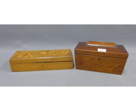 Floral art nouveau glove box, 32 x 8cm,  together with a mahogany tea caddy with shell marquetry, 25 x 15cm (2) 