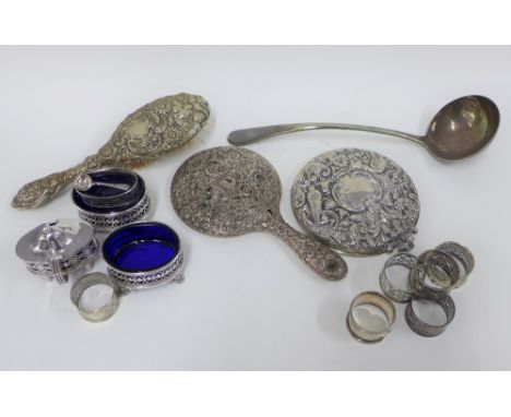 Victorian silver salt with blue glass liner, Chester 1897, together with a group of Epns items to include napkin rings, salts