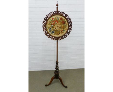 19th century rosewood pole screen, with pierced circular panel with tapestry insert, on a spiral column with outswept legs, 1