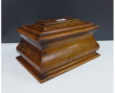 Walnut tea caddy of ogee form, hinged lid opening to reveal a satin birch interior and two compartments, 28 x 17cm 