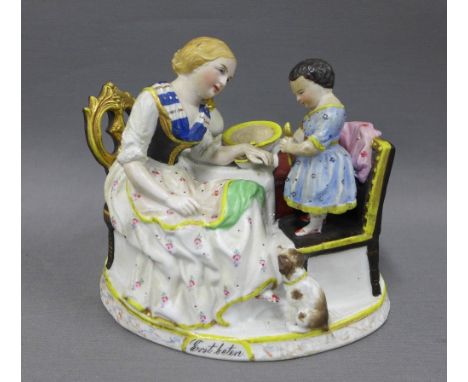 Continental glazed bisque figure group, 15cm 