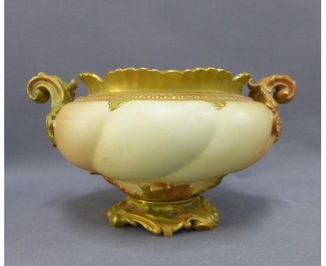 Royal Worcester blush ivory bowl, with gilt rim and handles, shape number 1459, puce printed backstamp, Reg No 150707, 30cm d