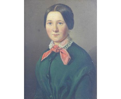 Half length portrait of a woman wearing a green dress with lace collar and red ribbon, oil on board, apparently unsigned, in 
