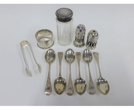 Set of six silver teaspoons, London 1899, Sheffield silver sugar tongs, Birmingham silver napkin ring, silver topped glass ja
