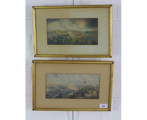 Baxter print - Review of British Fleet at Portsmouth, Crimean War and another, framed under glass, 25 x 12cm (2) 