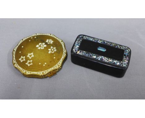 Vintage Kigu powder compact and a papier mache snuff box with abalone inlaid pattern, (2) 