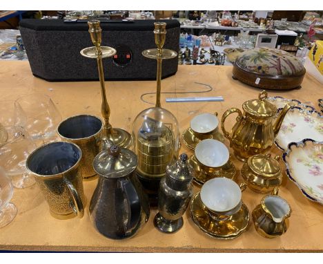 A COLLECTION OF ITEMS TO INCLUDE, BRASS MUGS, A COMBINED BAROMETER, THERMOMETER AND HYGROMETER UNDER A GLASS DOME, CANDLESTIC