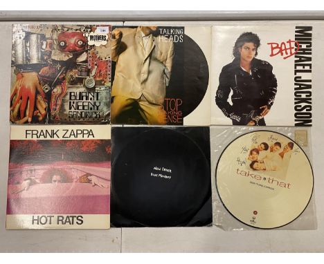 SIX VINYL LPS TO INCLUDE: TALKING HEADS, MICHAEL JACKSON, TAKE THAT, FRANK ZAPPA, NEW ORDER, THE MOTHERS OF INVENTION 