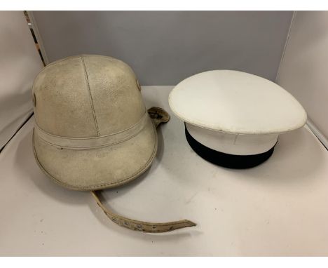 TWO VINTAGE HATS, ONE A SAILORS SIZE 6 3/4, THE OTHER A VINTAGE MOTORCYLE HELMET 'THE CORKER', MADE BY J COMPTON, SONS AND WE