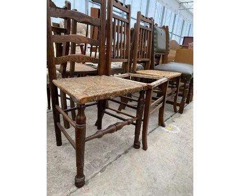 AN ELM LADDERBACK COUNTRY CHAIR AND PAIR OF OAK ART NOUVEAU CHAIRS 