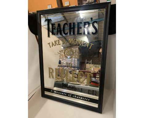 A VINTAGE 'TEACHER'S SCOTCH WHISKY' WOODEN FRAMED PUB MIRROR 64CM X 46CM 