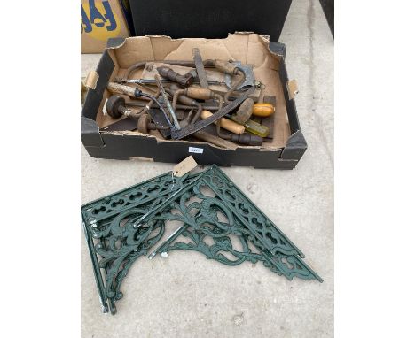 TWO PAIRS OF DECORATIVE CAST WALL BRACKETS AND AN ASSORTMENT OF VINTAGE HAND TOOLS 