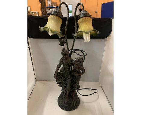 A HEAVY RESIN TWO FEMALE FIGURINE TABLE LAMP WITH FLORAL STYLE FROSTED GLASS SHADES, HEIGHT APPROX 67CM 