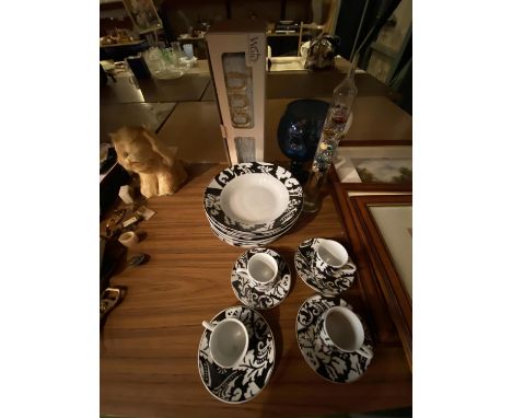 A SELECTION OF BOWLS AND ESPRESSO CUPS BY EG LONDON AND A GLASS THERMOMETER 