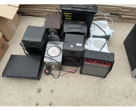 AN ASSORTMENT OF ELECTRICAL ITEMS TO INCLUDE A SMALL BENSON AMPLIFIER, SPEAKERS AND ELECTRIC HEATERS ETC 