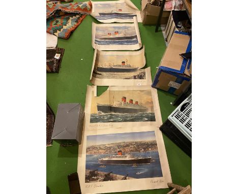 FIVE VINTAGE CUNARD LINE POSTERS TO INCLUDE, R M S QUEEN ELIZABETH, R M S QUEEN MARY, R M S CARINTHIA.  SOME A/F 