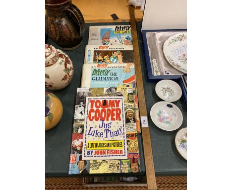 A VINTAGE WOODEN YARD STICK PLUS THREE ASTERIX THE GAUL BOOKS AND A TOMMY COOPER ANNUAL 