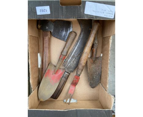 AN ASSORTMENT OF TOOLS TO INCLUDE A BRADES BILL HOOK AND AN AXE ETC 