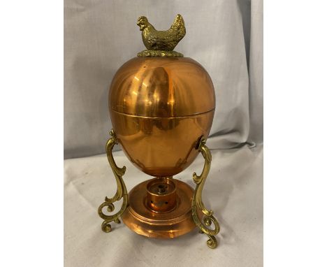 A VINTAGE COPPER AND BRASS EGG CODDLER WITH A CHICKEN FINIAL 