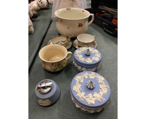 A POTTERY CHAMBER POT, ORIENTAL STYLE CUP AND SAUCERS, WEDWOOD TRINKET BOX AND LIGHTER 
