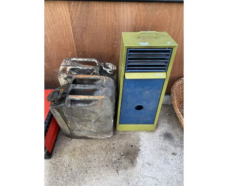 A VINATGE ALADDIN PARAFIN GREENHOUSE HEATER AND TWO VINTAGE JERRY CANS 