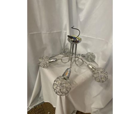 A CHROME CEILING LIGHT WITH FIVE ARMS AND BAUBLE SHAPED LIGHTS 