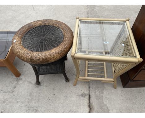 A MODERN WICKER OCCASIONAL TABLE DIAMETER 22 INCH AND A WICKER AND BENTWOOD LAMP TABLE WITH GLASS TOP 20 INCH SQUARE 
