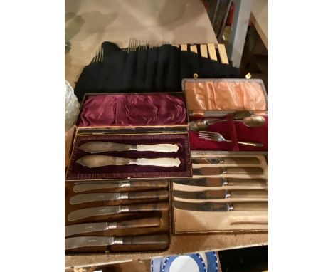 FOUR VINTAGE BOXES OF FLATWARE TO INCLUDE, KNIVES, FORKS, SPOONS, ETC 
