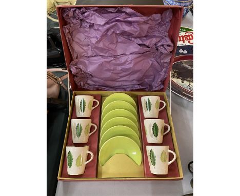 A BOXED PALISSY LIMEGROVE CUP AND SAUCER SET 