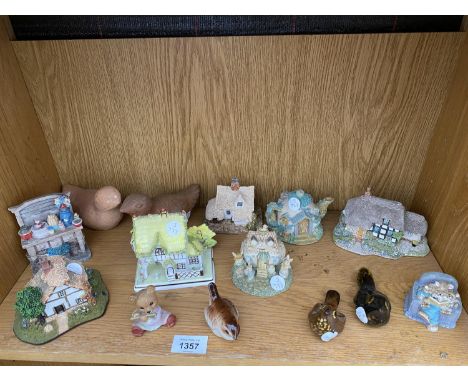 AN ASSORTMENT OF ITEMS TYO INCLUDE CERAMIC BIRD FIGURES AND COTTAGE FIGURES ETC 