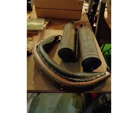 TWO VINTAGE FIRE EXTINGUISHERS AND A SMALL YOKE 