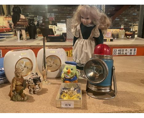 AN AMOUNT OF ITEMS TO INCLUDE A DOLL, VINTASGE LAMP, CHOKIN 24K GOLD VASES, FIGURES, ETC 