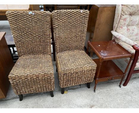 A PAIR OF BASKET WORK DINING CHAIRS AND YEW LAMP TABLE 