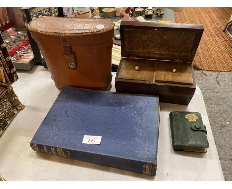A MAHOGANY TEA CADDY, BINOCULARS, A PACK OF SHELL PLAYING CARDS, ETC 