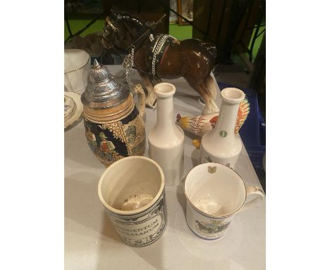 A QUANTITY OF CERAMIC ITEMS TO INCLUDE A SHIRE HORSE WITH HARNESS, A WEDGWOOD &amp; CO LTD HEN, PORTMERION VASES, ETC 