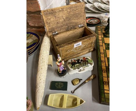 A WOODEN BOX INLAID WITH MOTHER OF PEARL INCLUDING TRINKET BOXES, ETC 