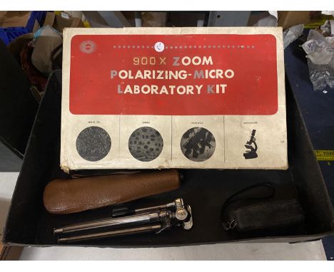 A VINTAGEOLYMPUS CAMERA AND CASE, VINTAGE TRIPOD AND CASE AND A BOXED 900X ZOOM POLARIZING-MICRO LABORATORY KIT CONTAINING MI