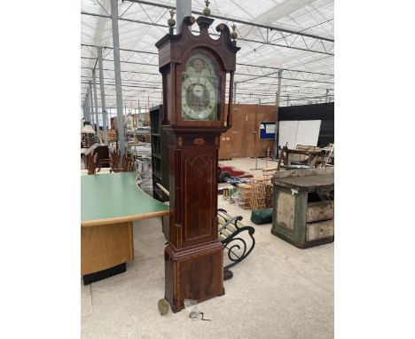 AN IMPRESSIVE GEORGE III MAHOGANY CROSSBAND AND INLAID 8 DAY LONGCASE CLOCK WITH AN ENAMEL DIAL WITH ROLLING MOON 