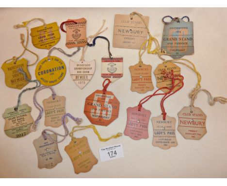 Vintage Horse Racing Club Stand and Grandstand card entry badges, for Newbury, Goodwood, Sandown Park, also including militar