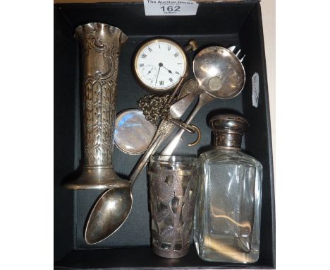 Box of silver and white metal items, some hallmarked, inc. tea caddy spoon, silver posy vase, pastry fork, etc.