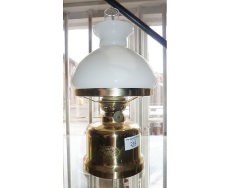 Vintage Danish brass oil lamp by E.S. Sorensen of Copenhagen, with white glass shade (crack to chimney)