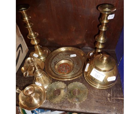Collection of brassware, candlesticks, 1924 tea caddy etc