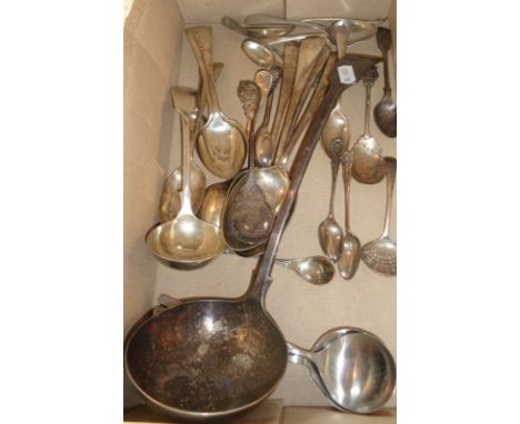 Large silver plated ladle and quantity of spoons, etc.