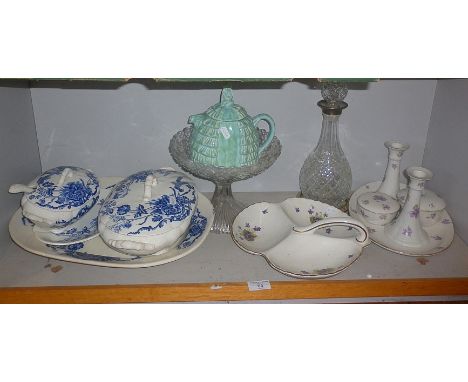 Crinoline Lady teapot, dressing table set, two blue and white tureens, etc.