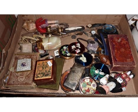 Large box of miscellaneous items including compacts, bracket candlesticks, riding crop etc, and a Masonic box