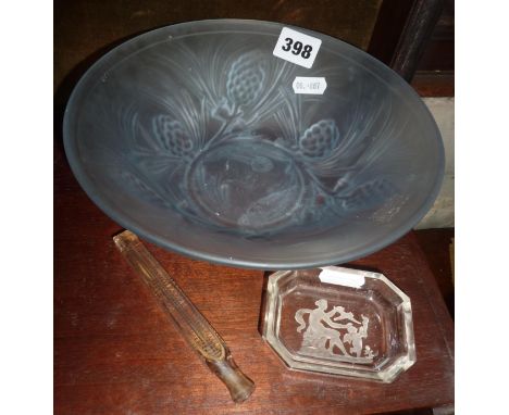 Lalique-type frosted glass bowl, glass pin tray and scent bottle